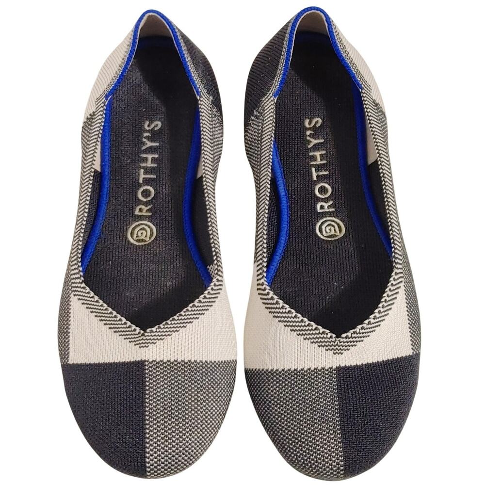 Rothy's The Flat Cap Toe Plaid Slip On Shoes Cream Gray Plaid Womens US 10
